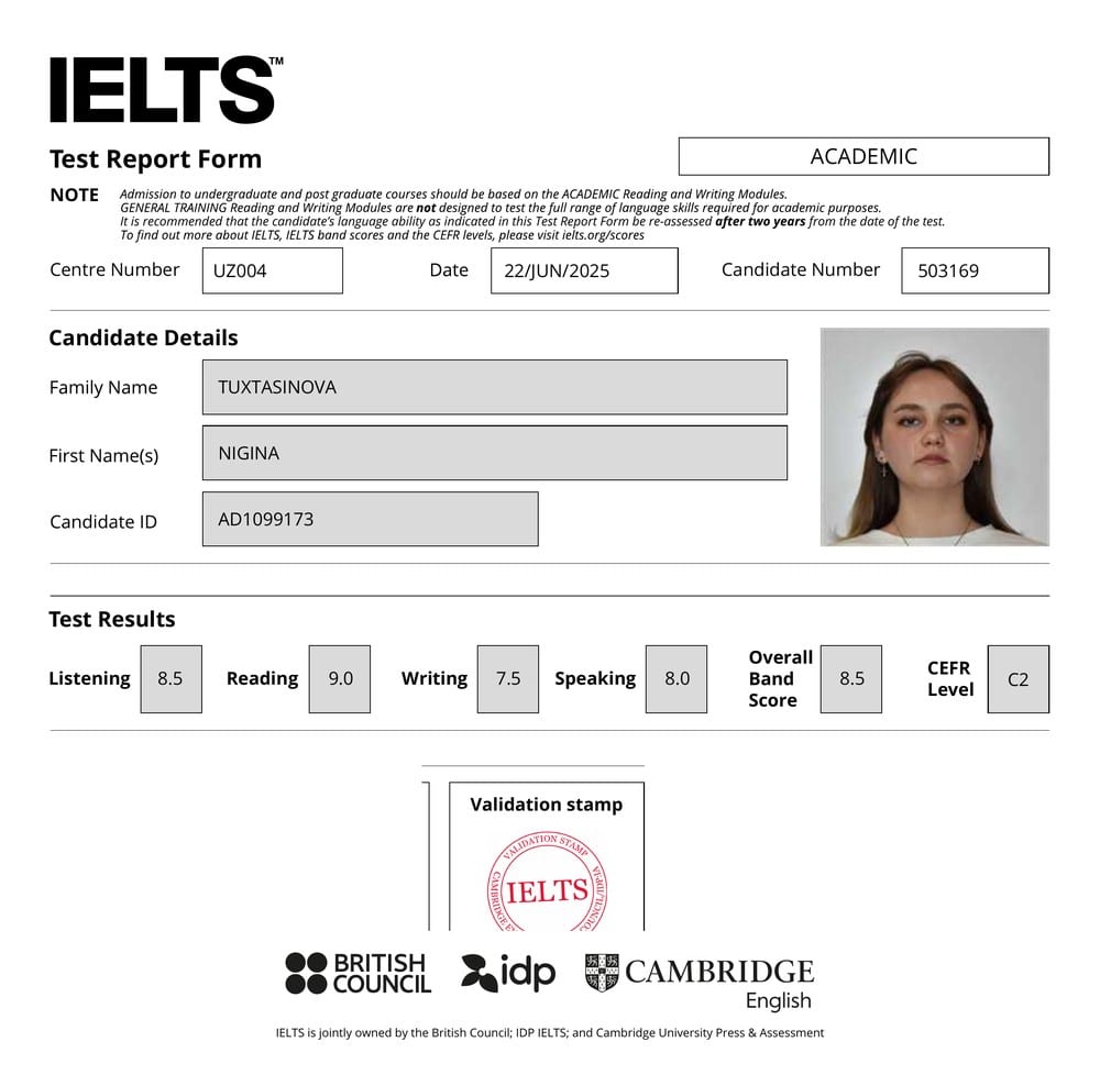 Сертификат IELTS 8.5 — Ника, основатель LEXORA